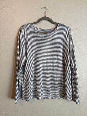 Eileen Fisher Large Striped Linen Blend Top Long Sleeve Relaxed Fit Coastal